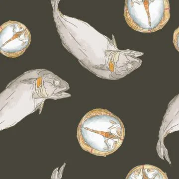 Streaming short mackerel in a basket , hand drawn sketch vector. Stock Illustration