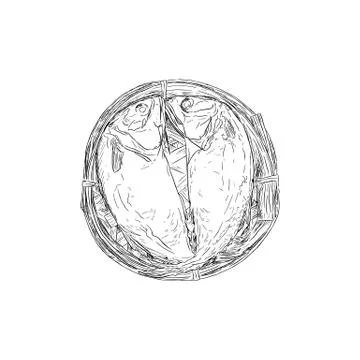 Streaming short mackerel in a basket , hand drawn sketch vector. Stock Illustration
