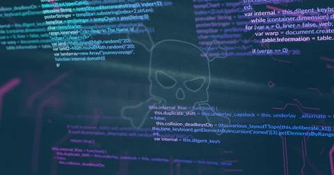 Streaming skull emblem hovering on digital display, overlaying code, HUD rings, Stock Illustration