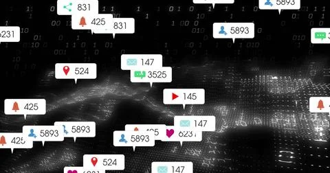 Streaming social notification icons floating over grid in digital network, Stock Illustration