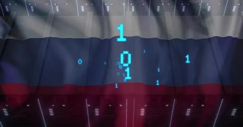 Streaming on startup cyan binary column over tricolor band between server racks, Stock Illustration