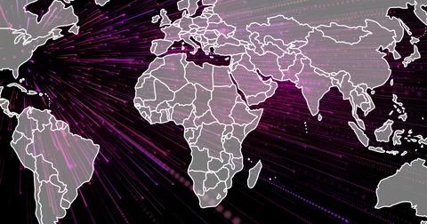 Streaming stylized world map sending data across regions in visualization, with Stock Photos
