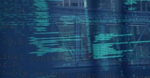 Streaming teal code glyphs blending with office facade, revealing glass windows 스톡 사진