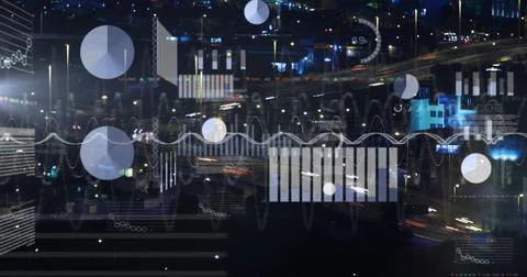 Streaming traffic light trails and floating data charts over nighttime highway, Stock Illustration