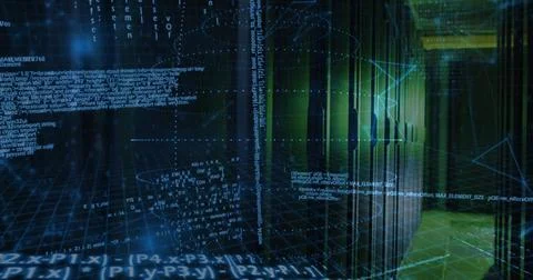 Streaming translucent 3D grid and glowing code across data center corridor, with Stock-Fotos