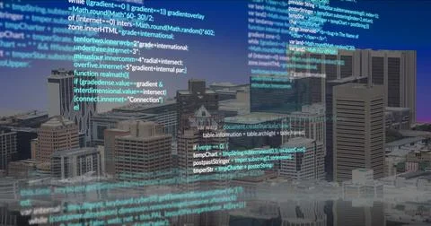 Streaming translucent code lines flowing over city skyline from rooftop, with Foto stock