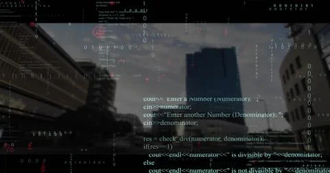 Streaming translucent code overlay covering city street, with binary digits,  스톡 사진