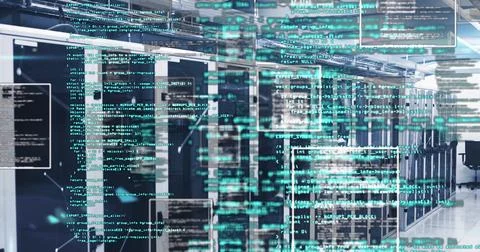 Streaming translucent code overlays across central rack row in data center, with Stock Photos