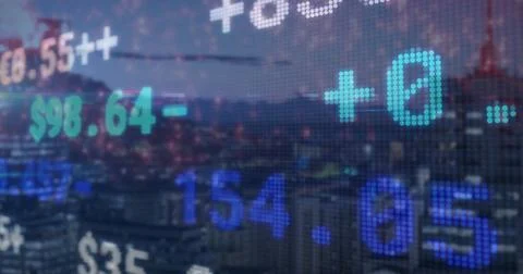 Streaming translucent digital ticker over city skyline at dusk, with floating Ilustração Stock