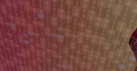 Streaming translucent numeric digits cascading across red digital grid, forming 写真素材
