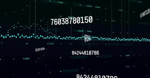 Streaming turquoise waveform fluctuating through data matrix, with numeric 写真素材