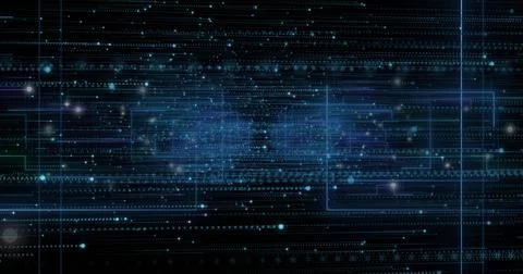 Streaming two blue cyan particle clusters across dark cyberspace, with grid l Stock Illustration