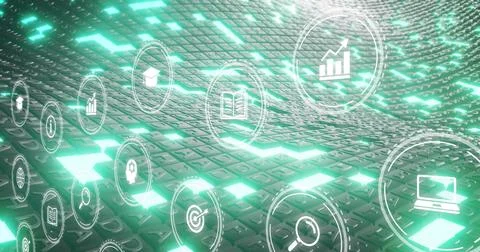 Streaming UI icons floating above neon green keyboard tile grid, showcasing bar Stock Illustration