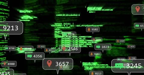 Streaming UI overlays in security dashboard, with location pins, chat bubbles, Stock Photos