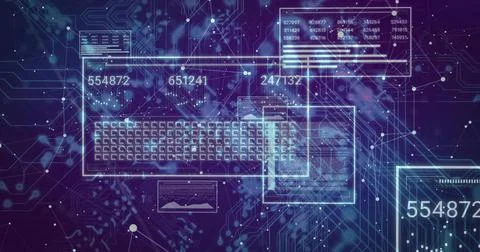 Streaming UI panels over circuitry traces in network, with alphanumeric grid  Stock Photos