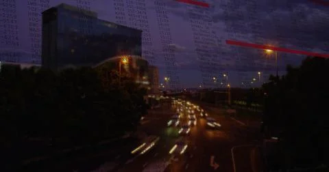 Streaming urban traffic creating light streaks on urban highway at night, with Stockfoto's