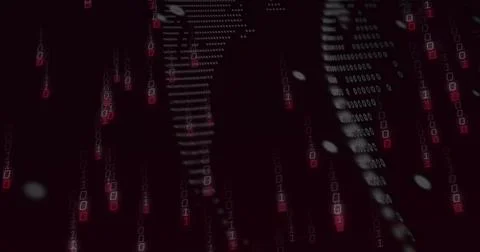 Streaming vertical 0s1s falling in dark maroon plane, showing red boxes, bokeh Stock Illustration