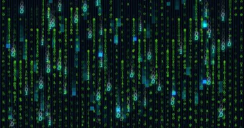 Streaming vertical binary digits cascading in code matrix, with glowing green Stock Illustration