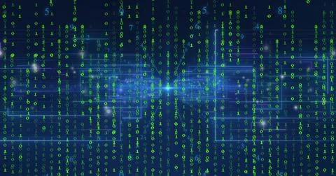 Streaming vertical columns of green binary digits flowing across navy Stock Illustration