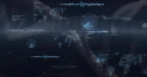 Streaming vertical data helix pulsing in virtual cyberspace dashboard, with HUD Stock Illustration