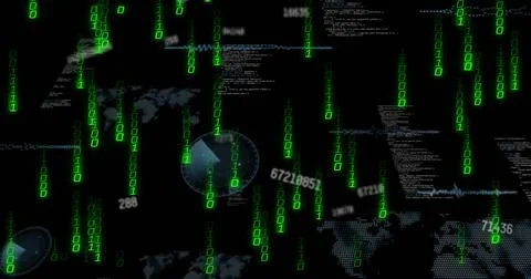 Streaming vertical green binary digits moving across cyber dashboard, showing Stock Illustration