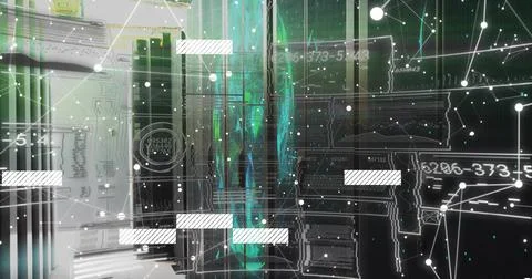 Streaming vertical turquoise-green data stream overlaying server racks at data Stock Illustration