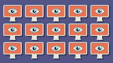 Streaming video concept. A lot of computers in rows with the same eyes blinking Stock Illustration