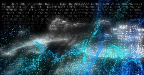 Streaming waveform forming binary digits and data particles across digital grid, Stockfoto's