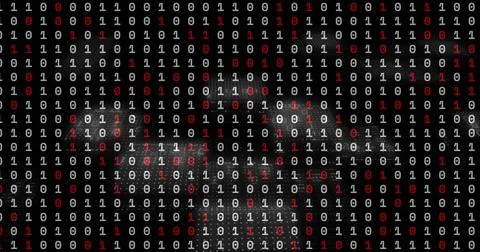 Streaming white and red binary digits forming grid on dark digital display, with Stockfoto's