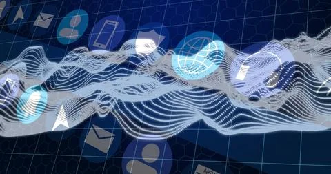 Streaming white-blue data wave above grid with honeycomb overlay, floating icons Foto stock