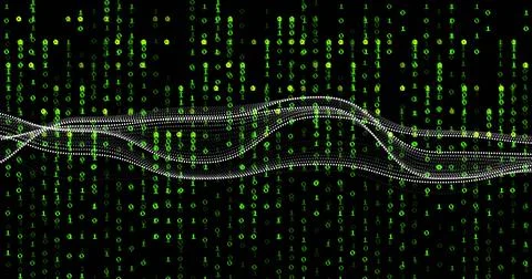 Streaming white dotted waveform weaving horizontally on computer screen, with Stockfoto's