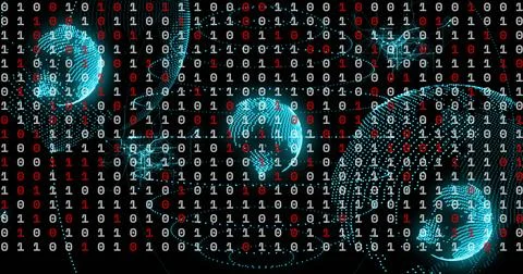 Streaming white or red binary digits and teal dotted globes moving on black 스톡 사진