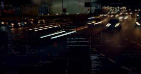 Streaming white red light streaks crossing urban highway at night, showing code Illustrazione stock