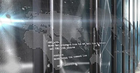 Streaming world map overlay and code lines across glass server racks in data Foto stock