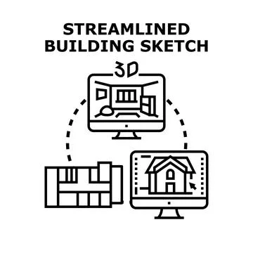Streamlined 3d building sketch process and architecture modeling Stock Illustration