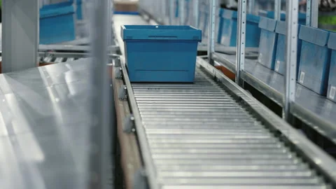 Streamlined Logistics. Effortless Parcel Transportation on Conveyor Belt System Stock Footage 246428774