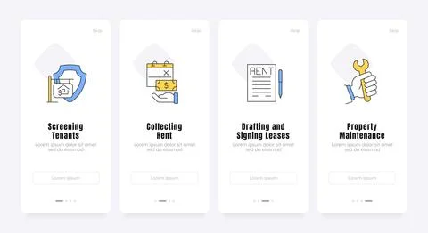 Streamlined property management workflow onboarding screens Illustrazione stock