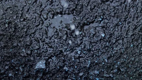 Streams and drops of water from the rain pour onto the black asphalt road with Stock Footage 291670220
