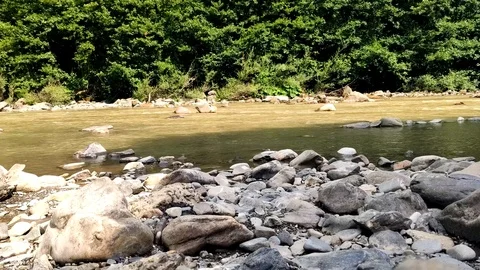 Streams of dirty water flow through stones in a mountain river Stock Footage 111430491