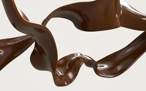 Streams of hot chocolate 3d render. Brown dark waves or curved ribbons with Stock Illustration