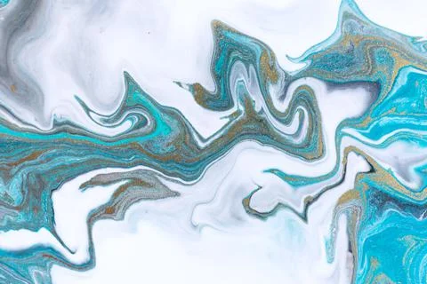 Streams of liquid blue, white and gold ink curls. Waves of fluid turquoise and Illustrazione stock