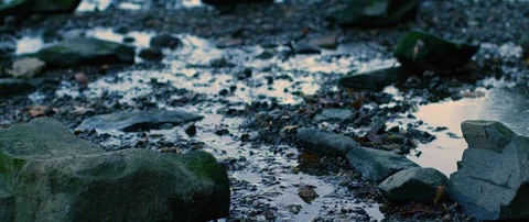 Streams of water flowing through small pebbles and rocks at the coast Stock Footage 102169693