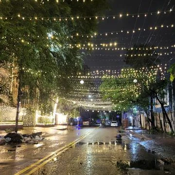 A street adorned with strings of warm white lights, creating a festive ambiance. Fotos Stock