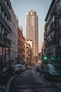 Street and Edificio Espaa, in Madrid, Spain Stock Photos