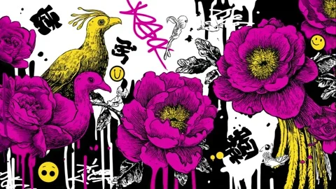 Street art mural pattern with phoenixes, peonies, and graffiti Video stock 308014744