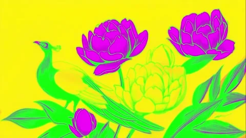Street art mural pattern with phoenixes, peonies, and graffiti Stock Footage 308015143