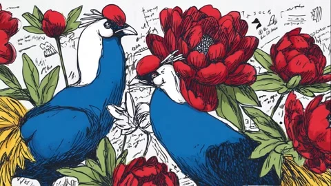 Street art mural pattern with phoenixes, peonies, and graffiti Video stock 308015265