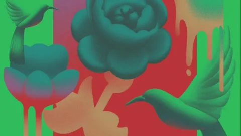 Street art mural pattern with phoenixes, peonies, and graffiti Stock Footage 308015519