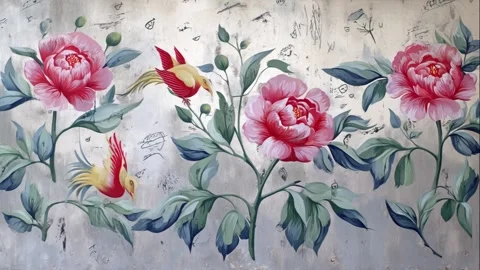 Street art mural pattern with phoenixes, peonies, and graffiti Video stock 308015557