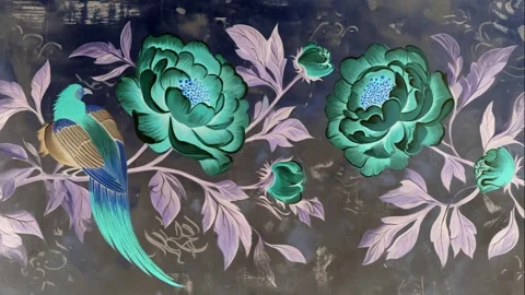 Street art mural pattern with phoenixes, peonies, and graffiti Stock Footage 308015613